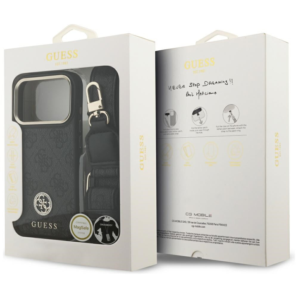 Etui MagSafe dla Apple iPhone 17 Pro, Guess, 4G Strass Logo with Big Strap, Czarne