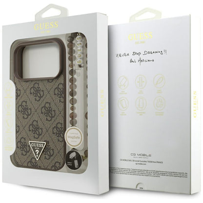 Etui MagSafe dla Apple iPhone 17 Pro, Guess, 4G Triangle Logo with Pearl Strap, Brązowy