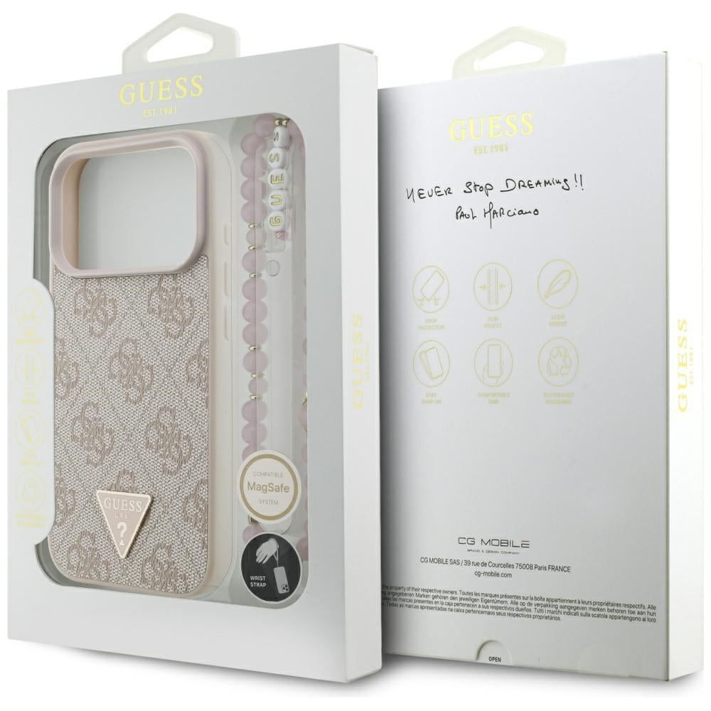 Etui MagSafe dla Apple iPhone 17 Pro, Guess, 4G Triangle Logo with Pearl Strap, Różowy