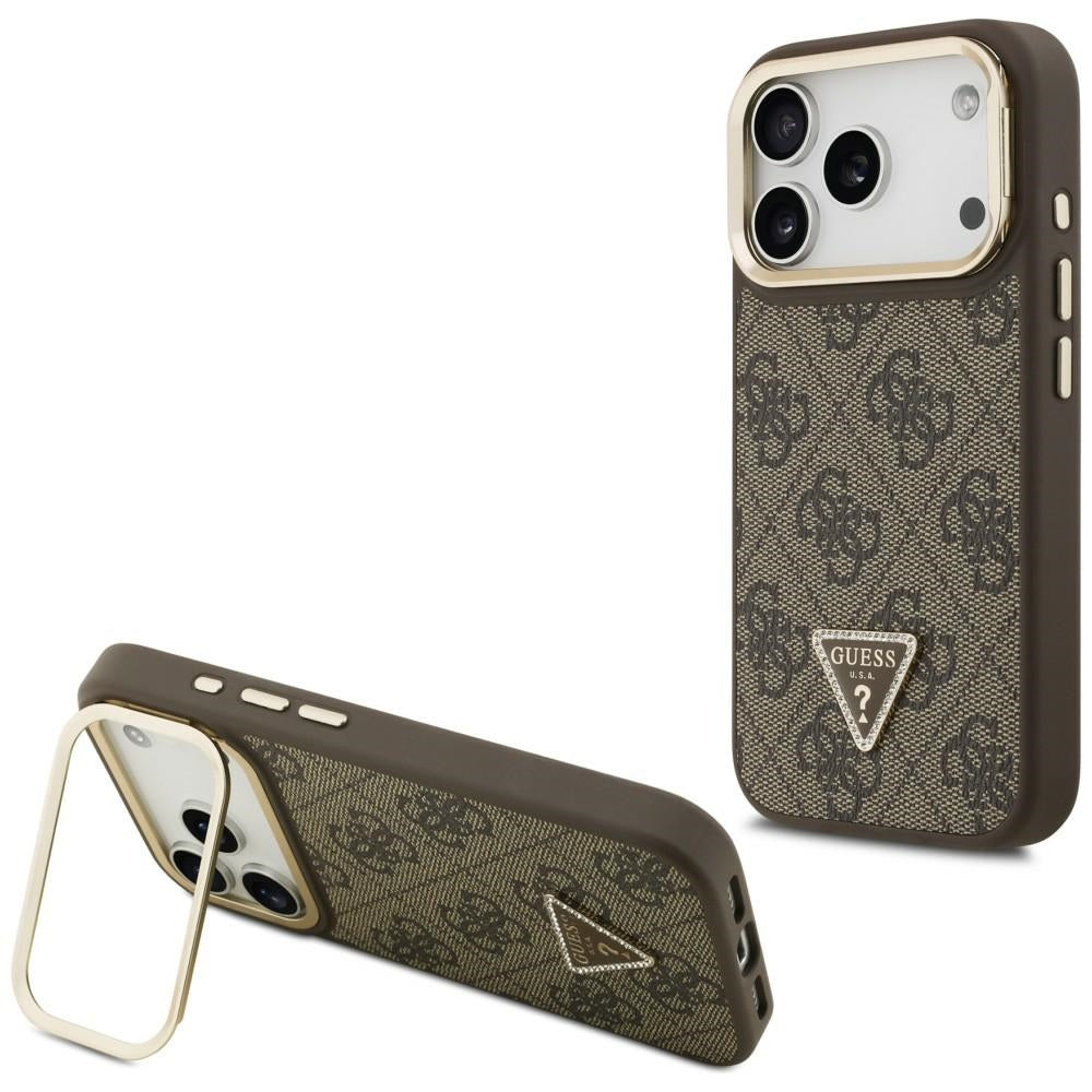 Etui MagSafe dla Apple iPhone 17 Pro, Guess, 4G Triangle Logo with Stand Camera, Złoty Brąz