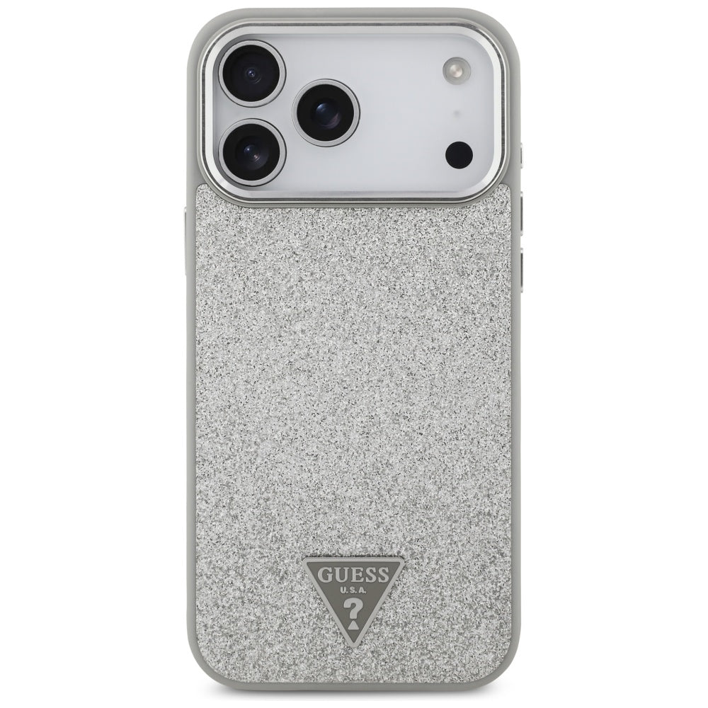 Etui MagSafe dla Apple iPhone 17 Pro, Guess, Glitter Triangle Logo, Srebrne