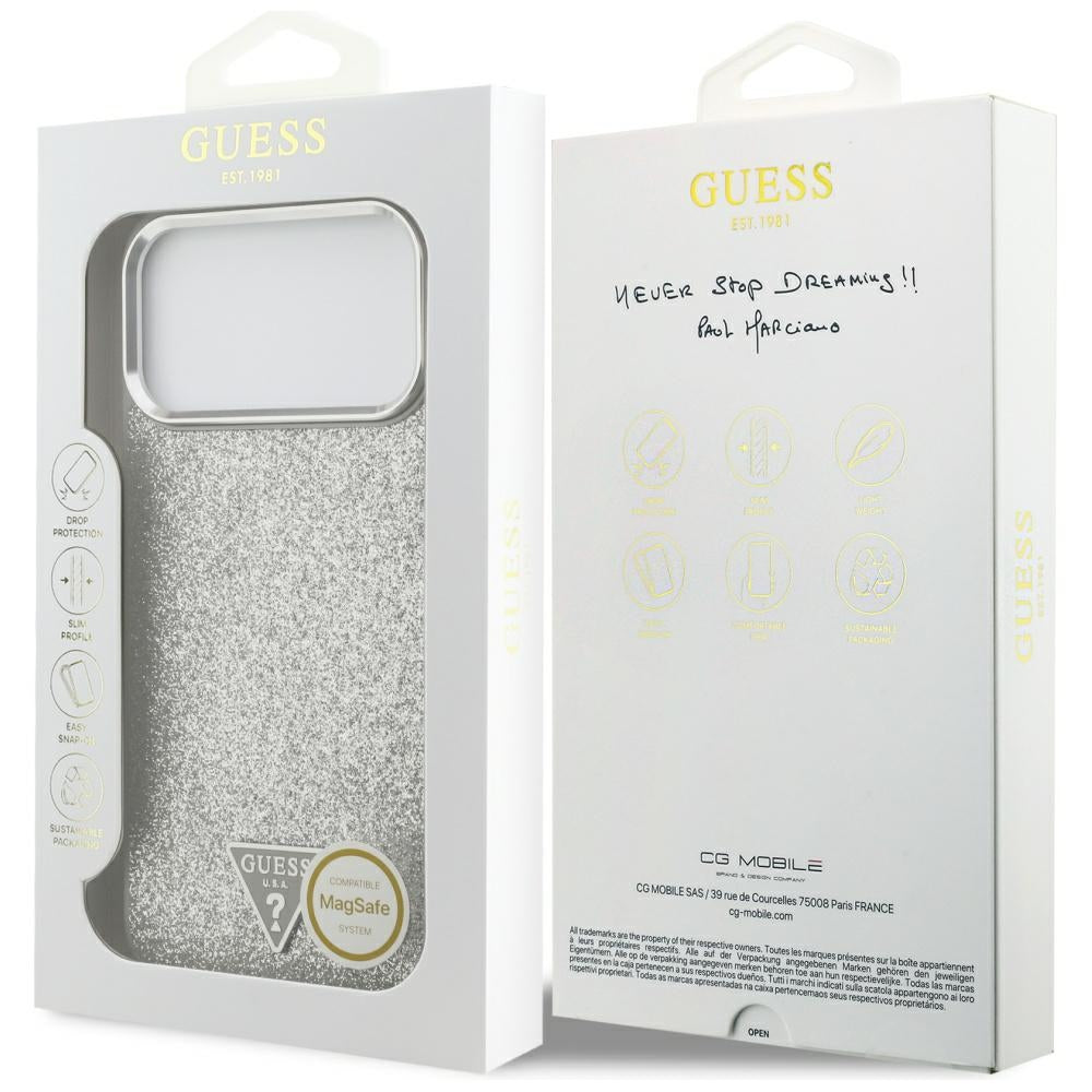 Etui MagSafe dla Apple iPhone 17 Pro, Guess, Glitter Triangle Logo, Srebrne