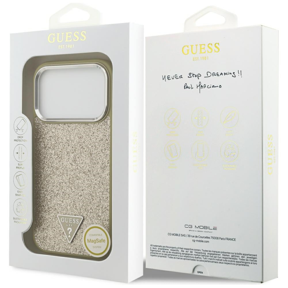 Etui MagSafe dla Apple iPhone 17 Pro, Guess, Glitter Triangle Logo, Złote