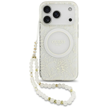 Etui MagSafe dla Apple iPhone 17 Pro, Guess, IML Flowers Allover Electroplated with Pearl Strap, Białe