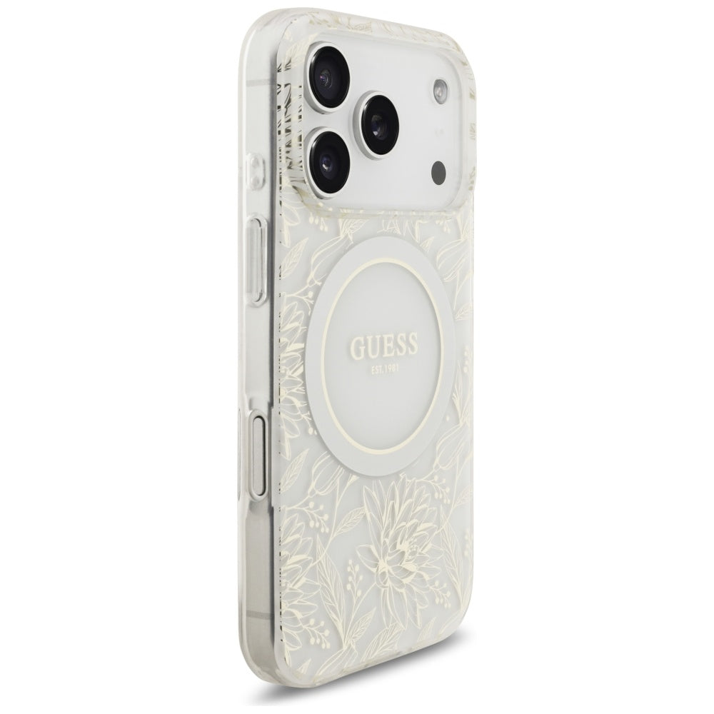 Etui MagSafe dla Apple iPhone 17 Pro, Guess, IML Flowers Allover Electroplated with Pearl Strap, Białe
