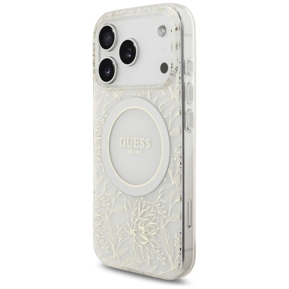 Etui MagSafe dla Apple iPhone 17 Pro, Guess, IML Flowers Allover Electroplated with Pearl Strap, Białe