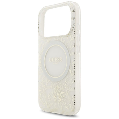 Etui MagSafe dla Apple iPhone 17 Pro, Guess, IML Flowers Allover Electroplated with Pearl Strap, Białe