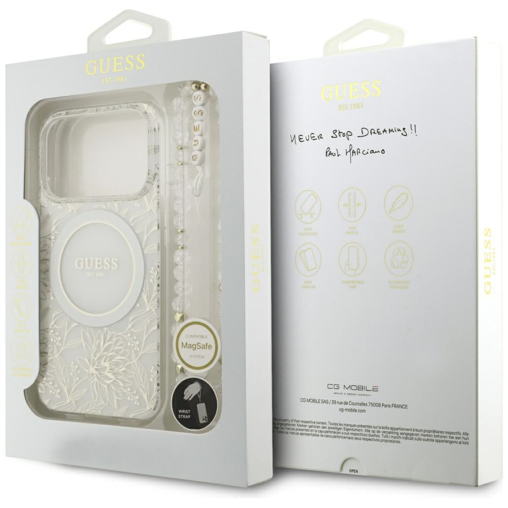 Etui MagSafe dla Apple iPhone 17 Pro, Guess, IML Flowers Allover Electroplated with Pearl Strap, Białe