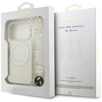 Etui MagSafe dla Apple iPhone 17 Pro, Guess, IML Flowers Allover Electroplated with Pearl Strap, Białe