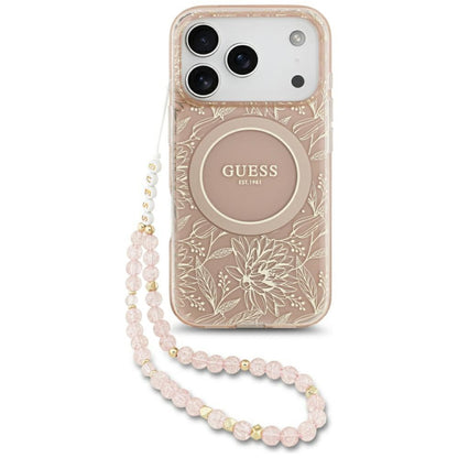Etui MagSafe dla Apple iPhone 17 Pro, Guess, IML Flowers Allover Electroplated with Pearl Strap, Różowy