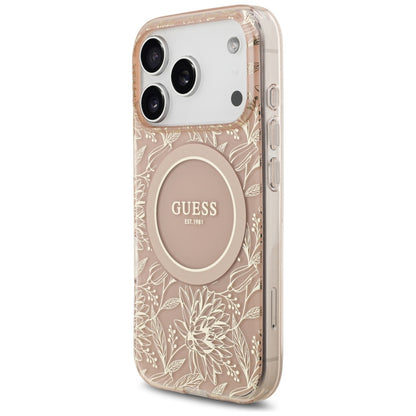 Etui MagSafe dla Apple iPhone 17 Pro, Guess, IML Flowers Allover Electroplated with Pearl Strap, Różowy