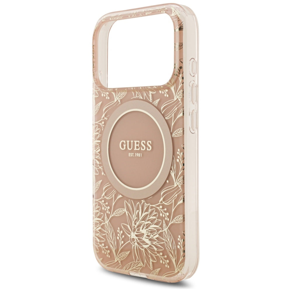 Etui MagSafe dla Apple iPhone 17 Pro, Guess, IML Flowers Allover Electroplated with Pearl Strap, Różowy