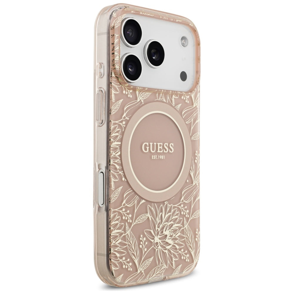 Etui MagSafe dla Apple iPhone 17 Pro, Guess, IML Flowers Allover Electroplated with Pearl Strap, Różowy