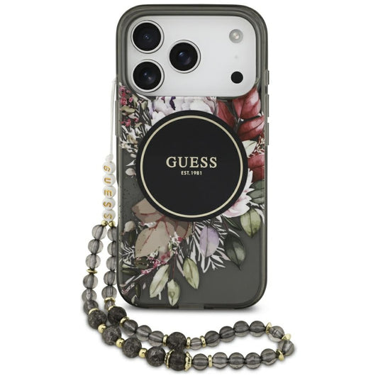 Etui MagSafe dla Apple iPhone 17 Pro, Guess, IML Flowers with Pearl Strap, Czarne