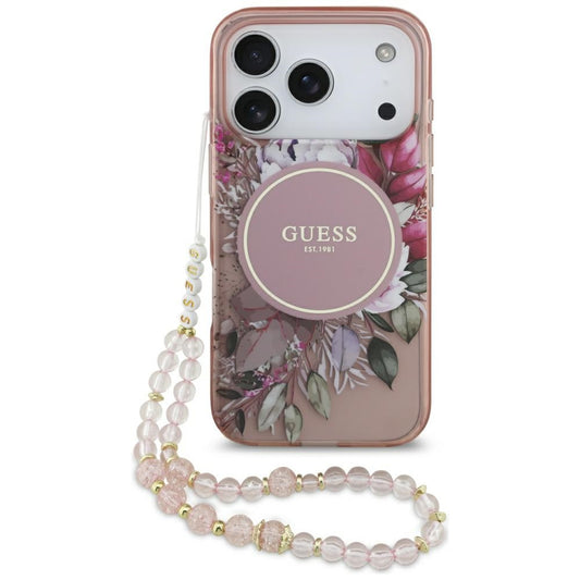 Etui MagSafe dla Apple iPhone 17 Pro, Guess, IML Flowers with Pearl Strap, Różowy