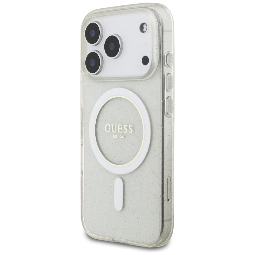 Etui MagSafe dla Apple iPhone 17 Pro, Guess, IML Glitter with Pearl Strap, Przezroczyste
