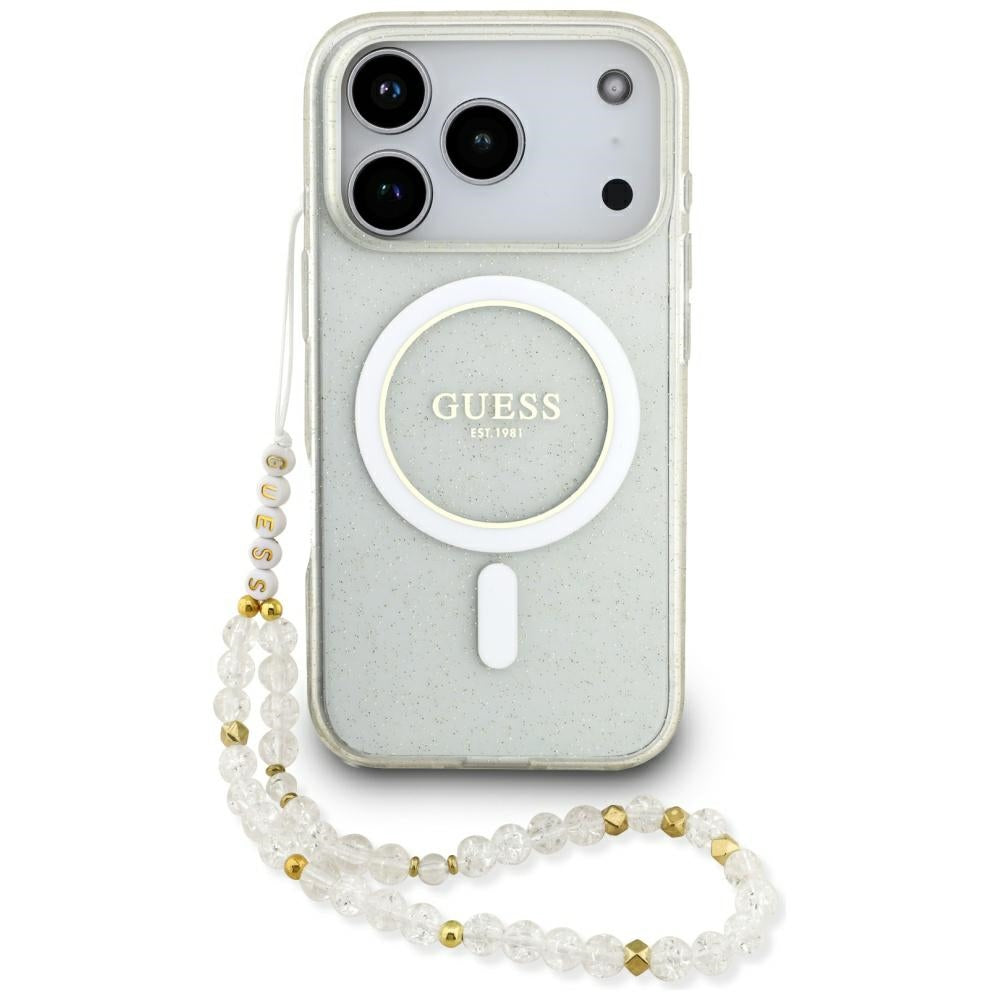 Etui MagSafe dla Apple iPhone 17 Pro, Guess, IML Glitter with Pearl Strap, Przezroczyste