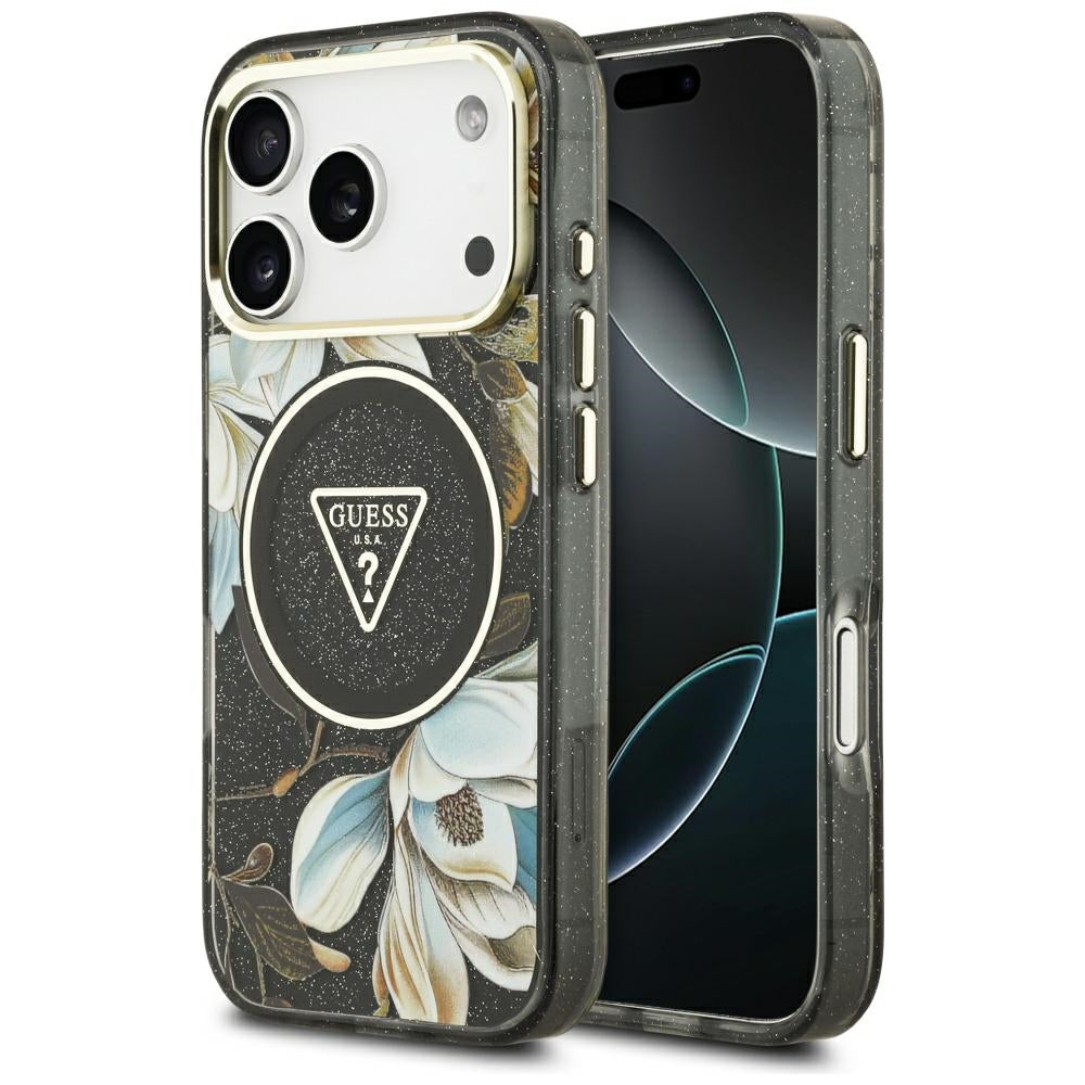 Etui MagSafe dla Apple iPhone 17 Pro, Guess, IML Metal Glitter Flowers Triangle, Czarne