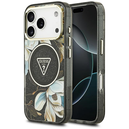 Etui MagSafe dla Apple iPhone 17 Pro, Guess, IML Metal Glitter Flowers Triangle, Czarne