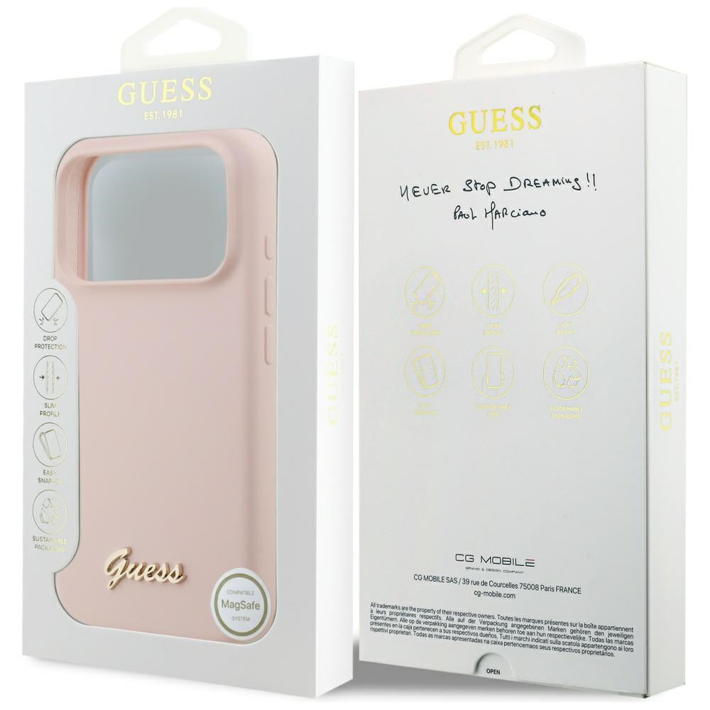 Etui MagSafe dla Apple iPhone 17 Pro, Guess, Script Metal Logo, Jasnoróżowy