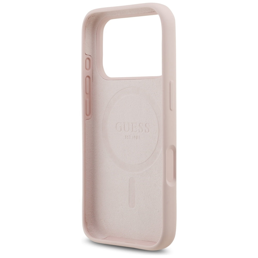 Etui MagSafe dla Apple iPhone 17 Pro, Guess, Script Metal Logo, Jasnoróżowy