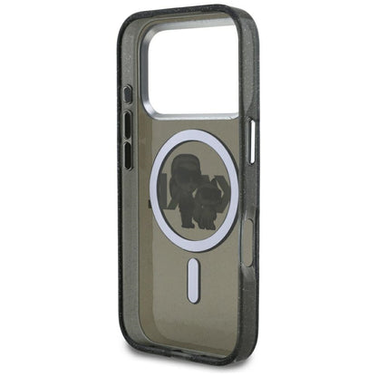 Etui MagSafe dla Apple iPhone 17 Pro, Karl Lagerfeld, IML Sketch Logo Glitter Karl & Choupette, Czarne.