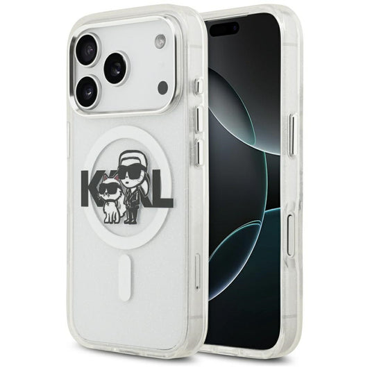 MagSafe Case for Apple iPhone 17 Pro, Karl Lagerfeld, IML Sketch Logo Glitter Karl & Choupette, Transparent