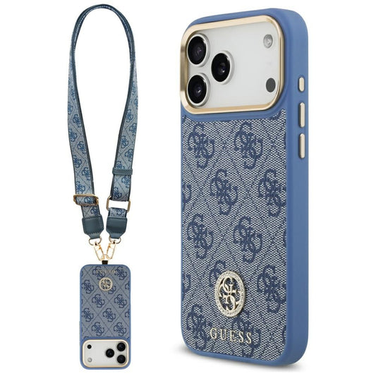 Etui MagSafe dla Apple iPhone 17 Pro Max, Guess, 4G Strass Logo with Big Strap, Niebieskie
