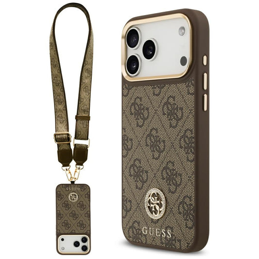 Etui MagSafe dla Apple iPhone 17 Pro Max, Guess, 4G Strass Logo with Big Strap, Brązowy