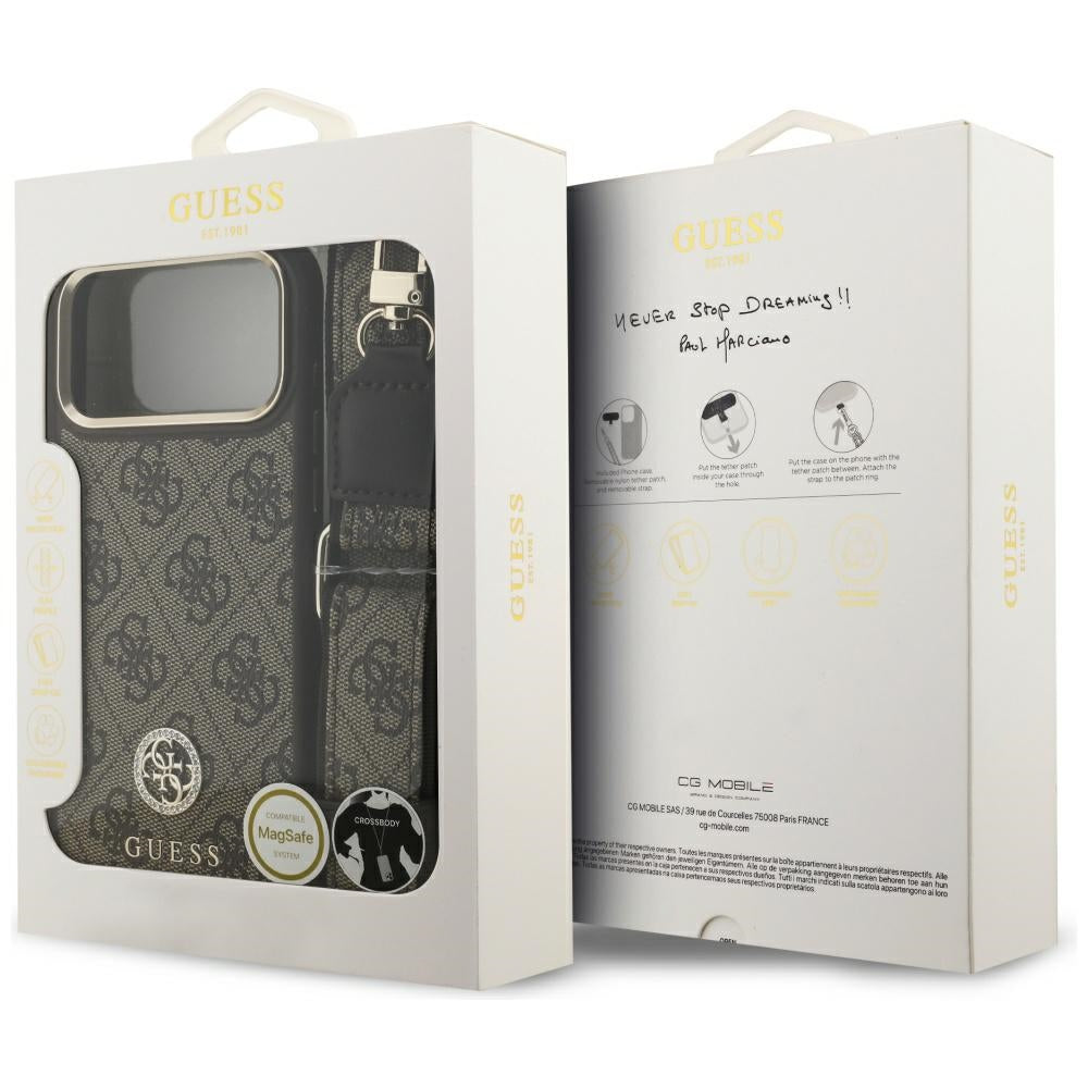 Etui MagSafe dla Apple iPhone 17 Pro Max, Guess, 4G Strass Logo with Big Strap, Brązowy