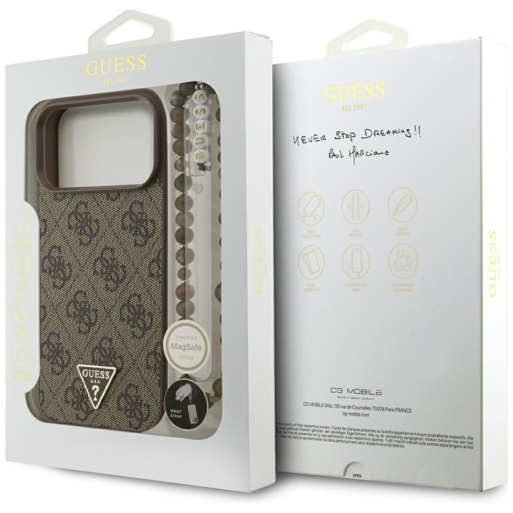 Etui MagSafe dla Apple iPhone 17 Pro Max, Guess, 4G Triangle Logo Cord Strap, Brązowy