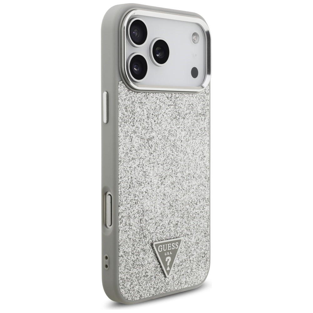 Etui MagSafe dla Apple iPhone 17 Pro Max, Guess, Glitter Triangle Logo, Srebrne