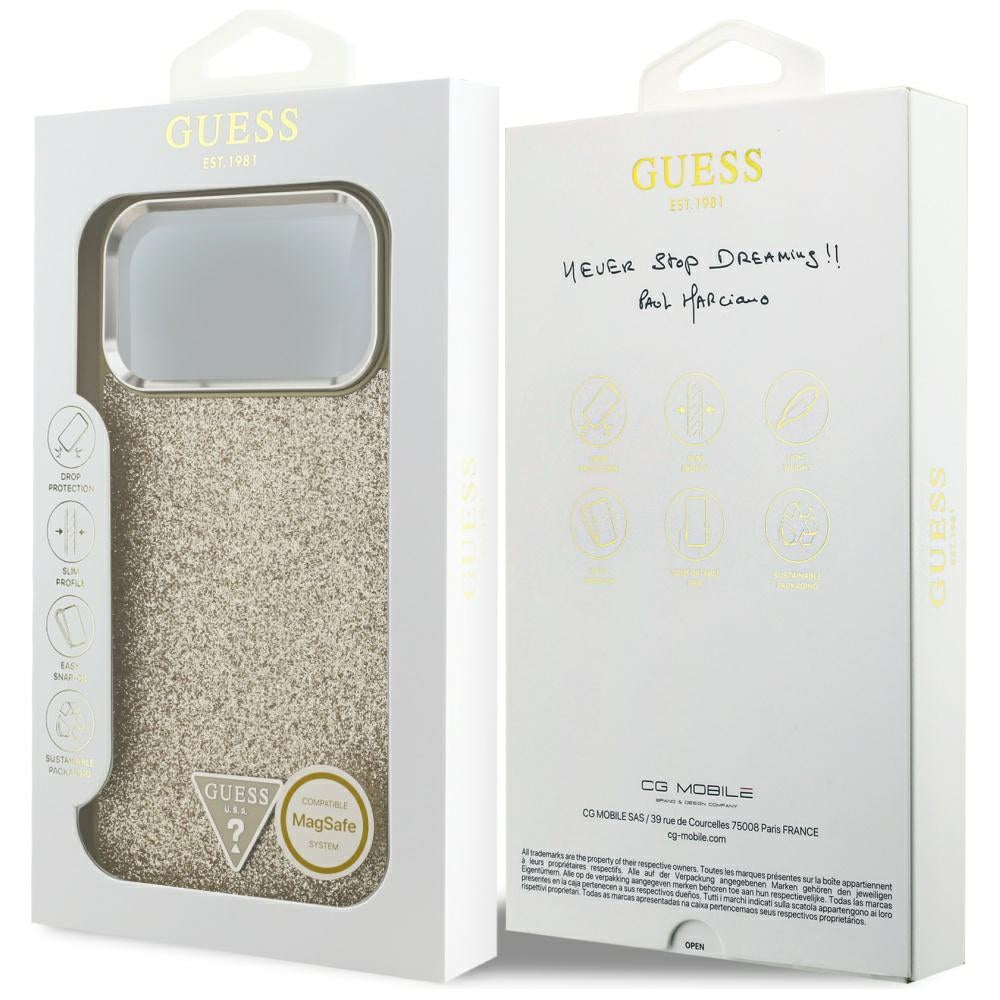 Etui MagSafe dla Apple iPhone 17 Pro Max, Guess, Glitter Triangle Logo, Złote