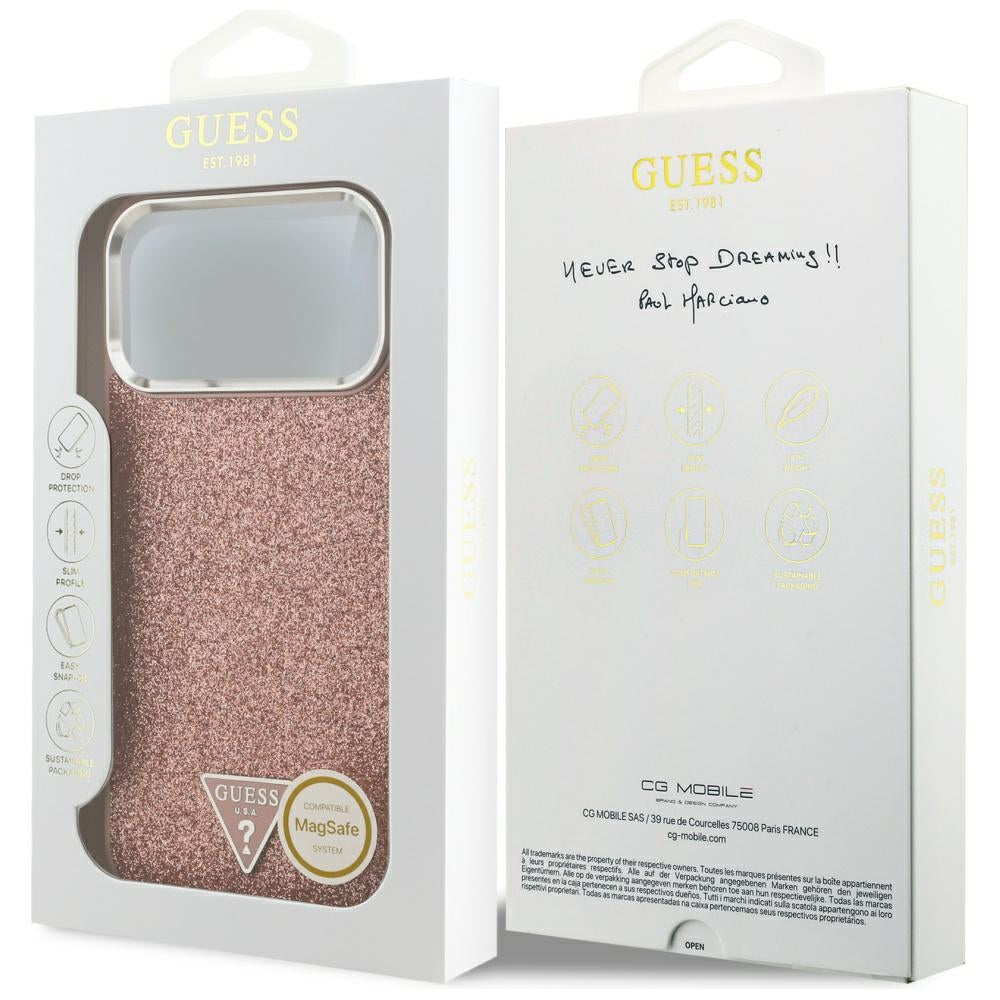 Etui MagSafe dla Apple iPhone 17 Pro Max, Guess, Glitter Triangle Logo, Różowy