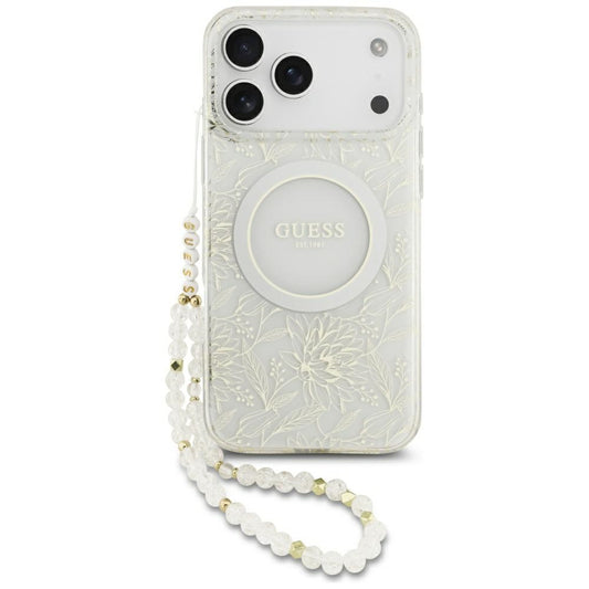 Etui MagSafe dla Apple iPhone 17 Pro Max, Guess, IML Flowers Allover Electroplated with Pearl Strap, Białe
