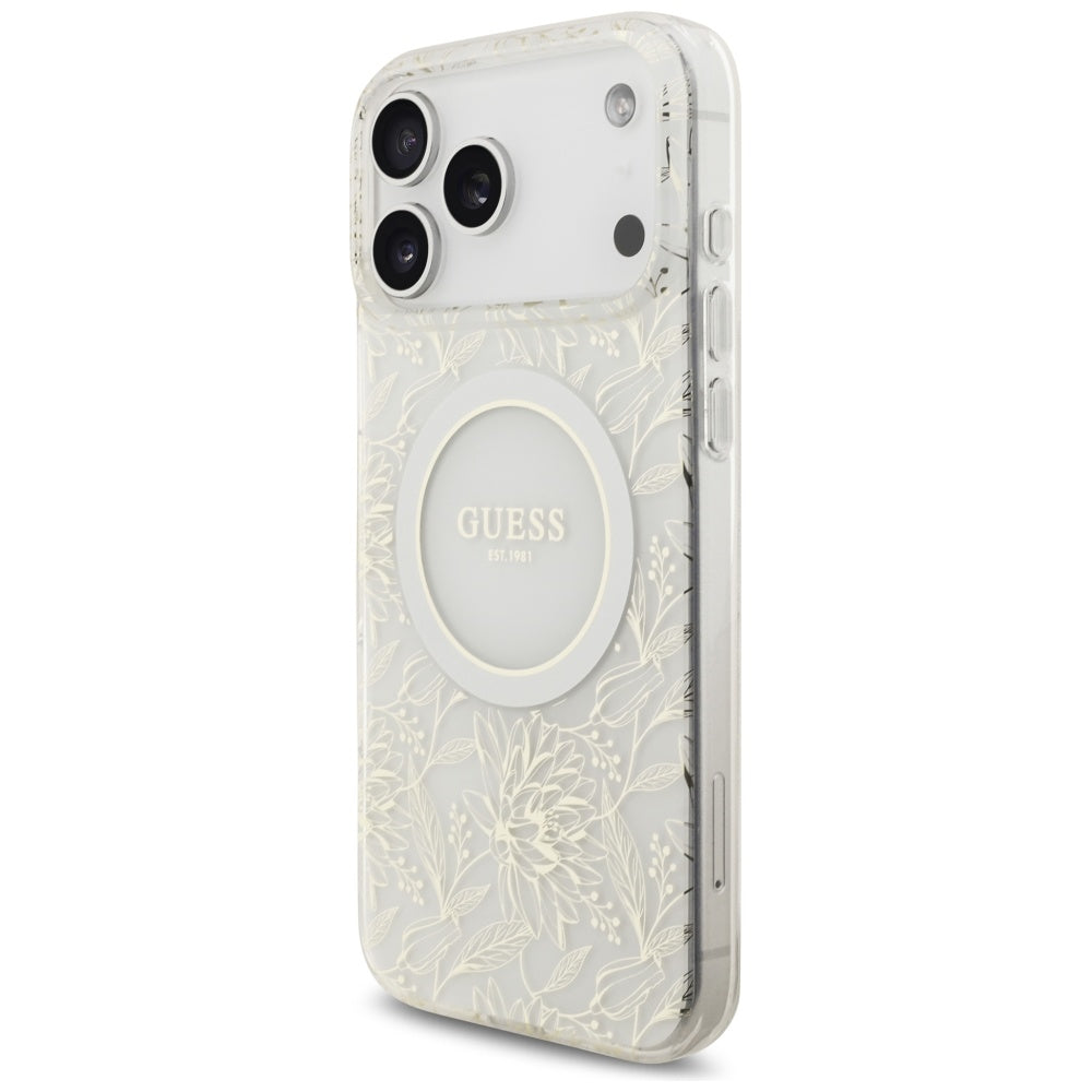 Etui MagSafe dla Apple iPhone 17 Pro Max, Guess, IML Flowers Allover Electroplated with Pearl Strap, Białe