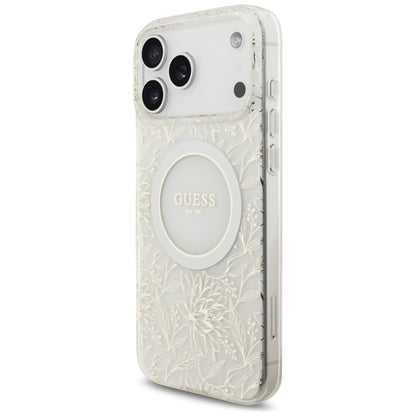 Etui MagSafe dla Apple iPhone 17 Pro Max, Guess, IML Flowers Allover Electroplated with Pearl Strap, Białe