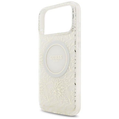 Etui MagSafe dla Apple iPhone 17 Pro Max, Guess, IML Flowers Allover Electroplated with Pearl Strap, Białe