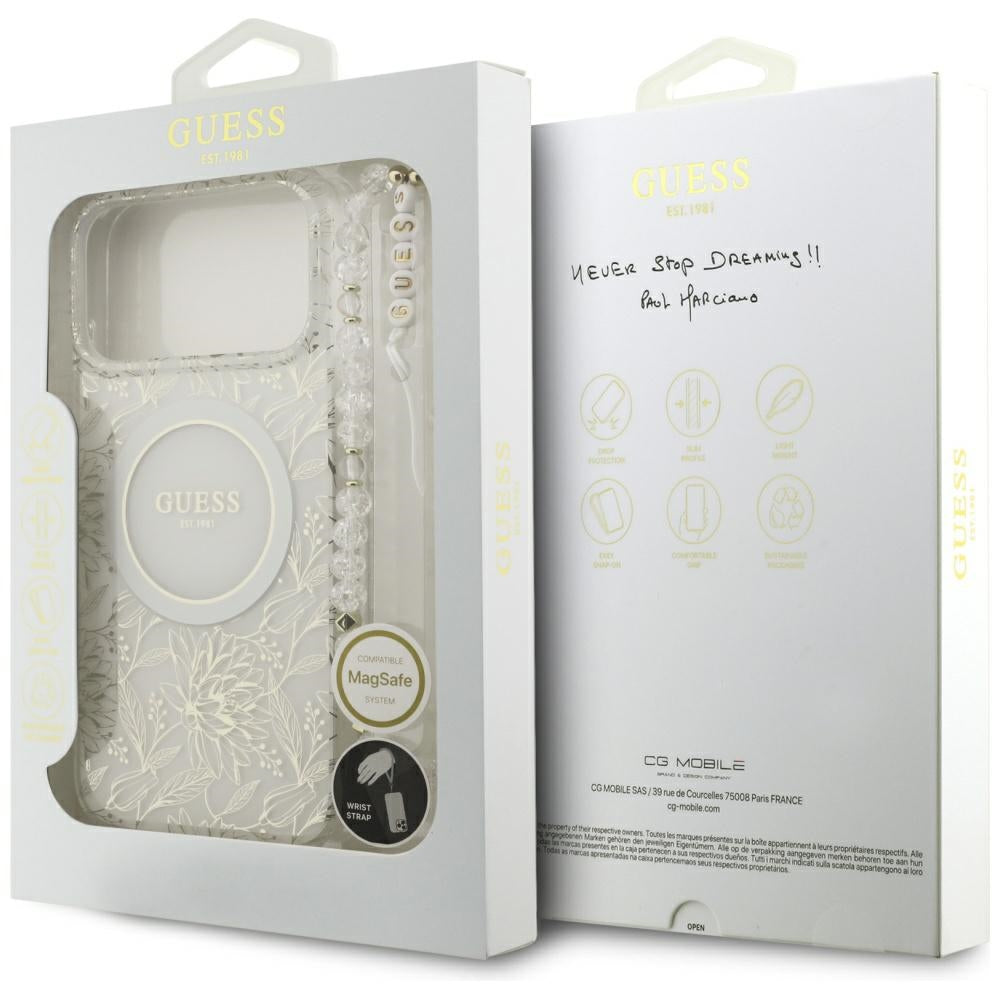 Etui MagSafe dla Apple iPhone 17 Pro Max, Guess, IML Flowers Allover Electroplated with Pearl Strap, Białe