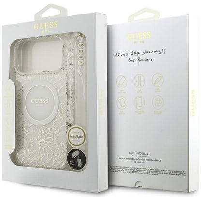 Etui MagSafe dla Apple iPhone 17 Pro Max, Guess, IML Flowers Allover Electroplated with Pearl Strap, Białe