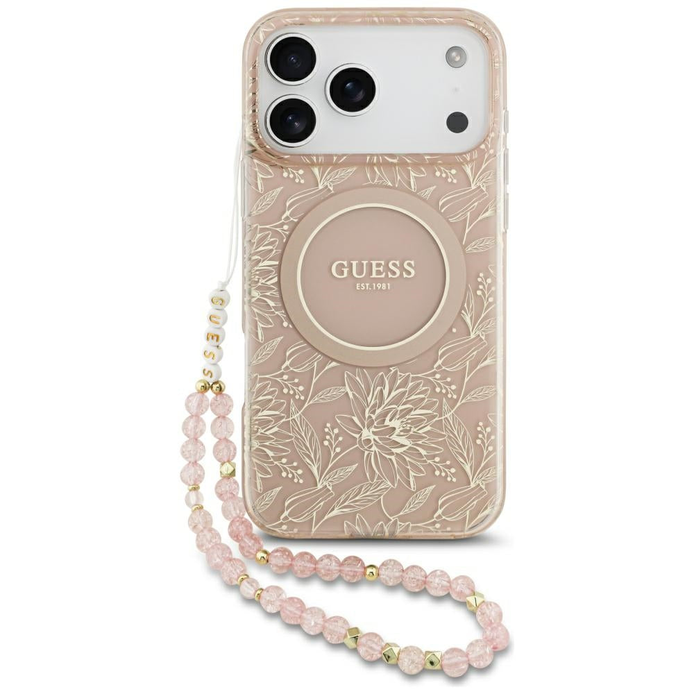Etui MagSafe dla Apple iPhone 17 Pro Max, Guess, IML Flowers Allover Electroplated with Pearl Strap, Różowy