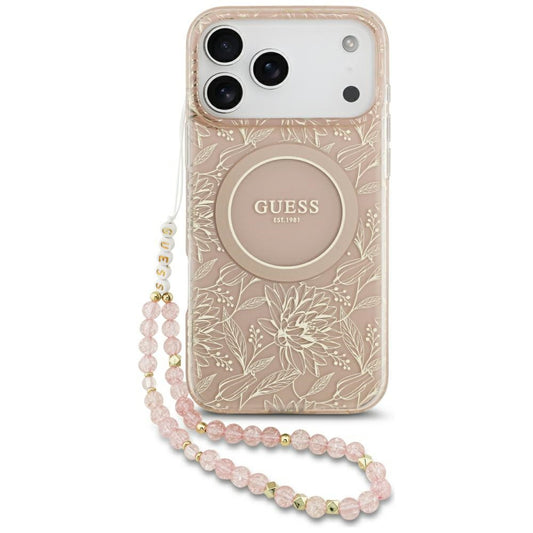 Etui MagSafe dla Apple iPhone 17 Pro Max, Guess, IML Flowers Allover Electroplated with Pearl Strap, Różowy