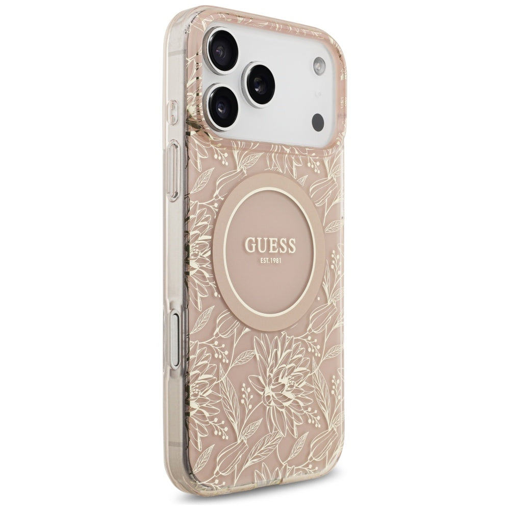 Etui MagSafe dla Apple iPhone 17 Pro Max, Guess, IML Flowers Allover Electroplated with Pearl Strap, Różowy