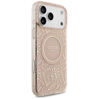 Etui MagSafe dla Apple iPhone 17 Pro Max, Guess, IML Flowers Allover Electroplated with Pearl Strap, Różowy