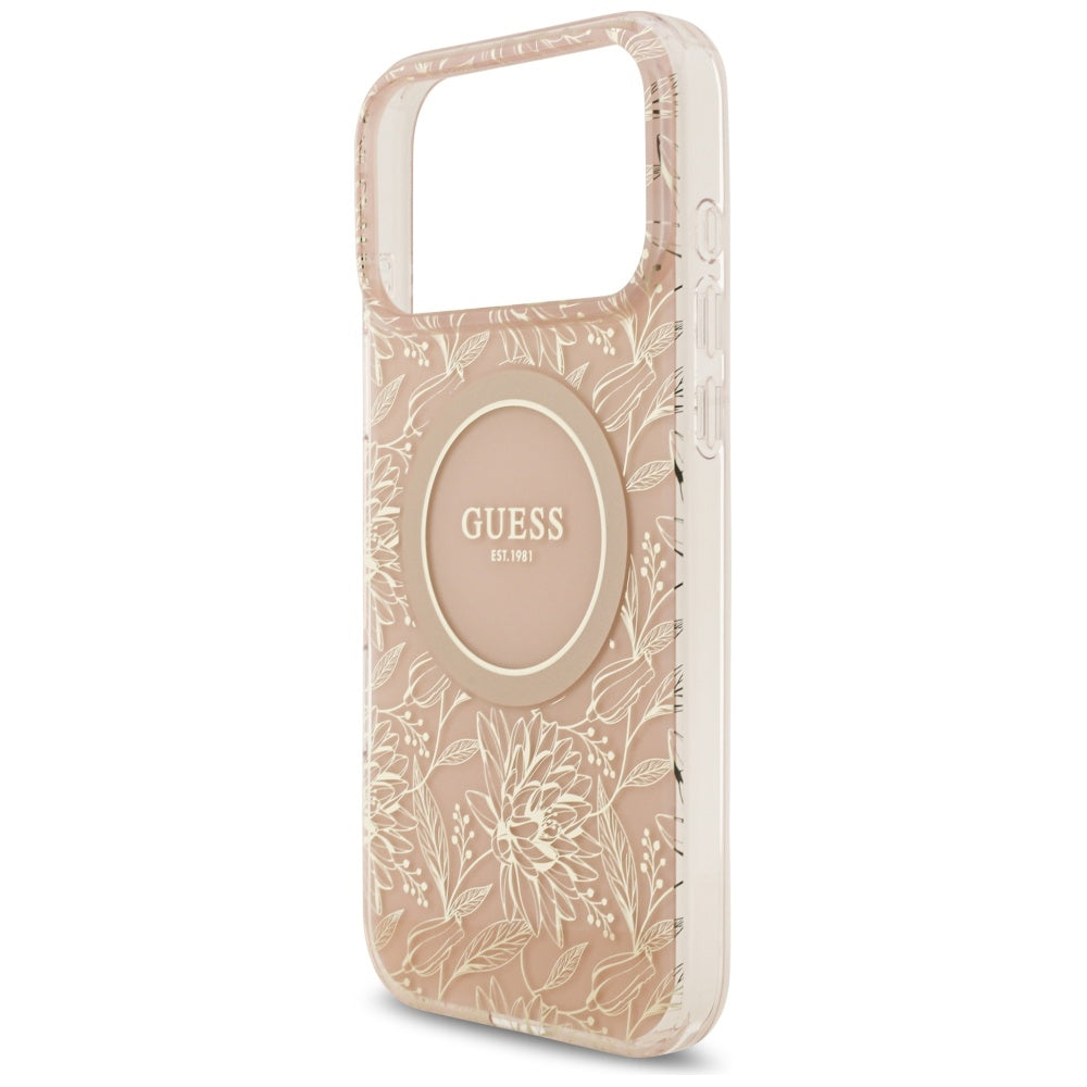 Etui MagSafe dla Apple iPhone 17 Pro Max, Guess, IML Flowers Allover Electroplated with Pearl Strap, Różowy