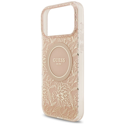 Etui MagSafe dla Apple iPhone 17 Pro Max, Guess, IML Flowers Allover Electroplated with Pearl Strap, Różowy