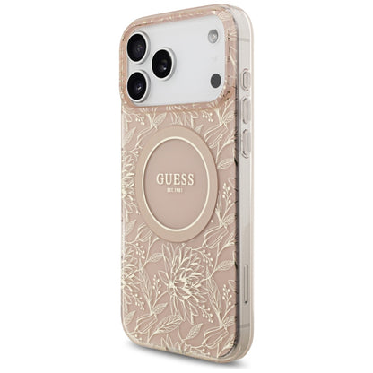 Etui MagSafe dla Apple iPhone 17 Pro Max, Guess, IML Flowers Allover Electroplated with Pearl Strap, Różowy