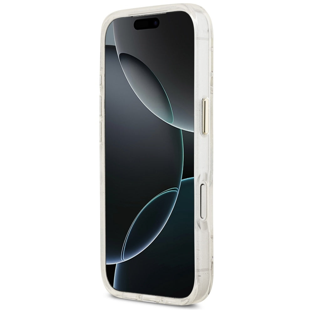 Etui MagSafe dla Apple iPhone 17 Pro Max, Guess, IML Metal Glitter Flowers Triangle, Białe