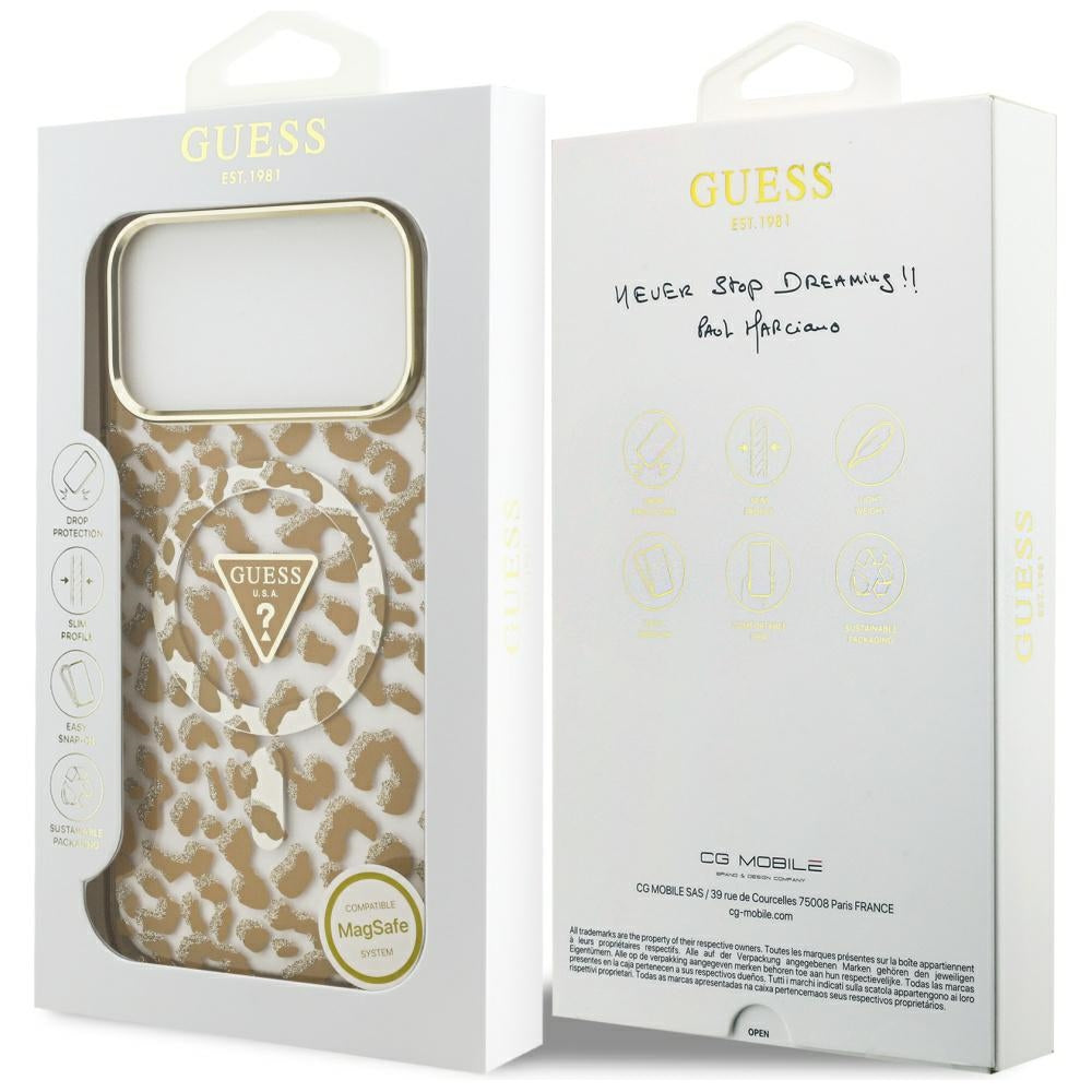 Etui MagSafe dla Apple iPhone 17 Pro Max, Guess, Leopard Glitter, Brązowy