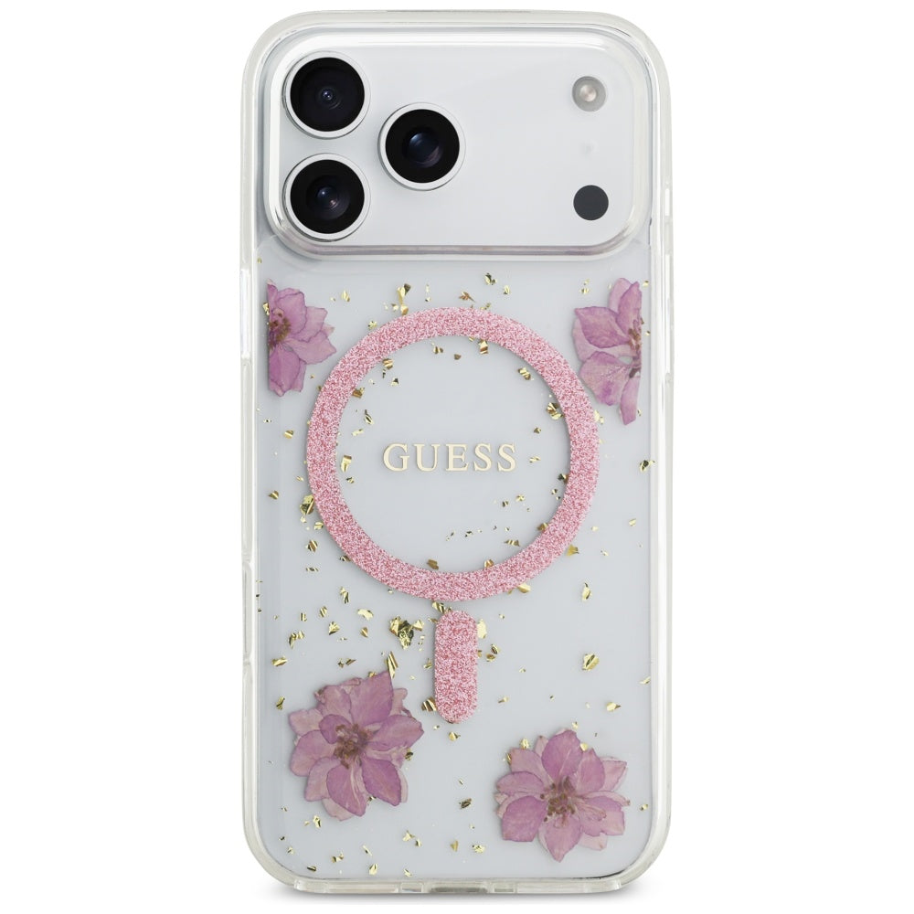 Etui MagSafe dla Apple iPhone 17 Pro Max, Guess, Resin Flowers and Glitter, Różowy
